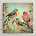Whimsical ceramic tile featuring three colorful songbirds on blossoming branches. Cottagecore pastel print with a hand-painted look. Permanent print on ceramic, not actual textured or layered tile. Optional cork backing, tile wall hanger, or tile stand available.