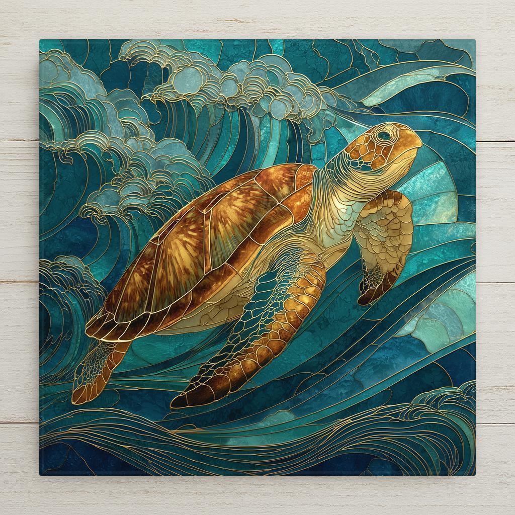 Graceful sea turtle gliding through turquoise waves in stained glass-style art. Permanent sublimation print on ceramic (not real glass). Optional premium frame, wall hanger, easel stand, or cork backing. A perfect coastal décor gift for ocean lovers.