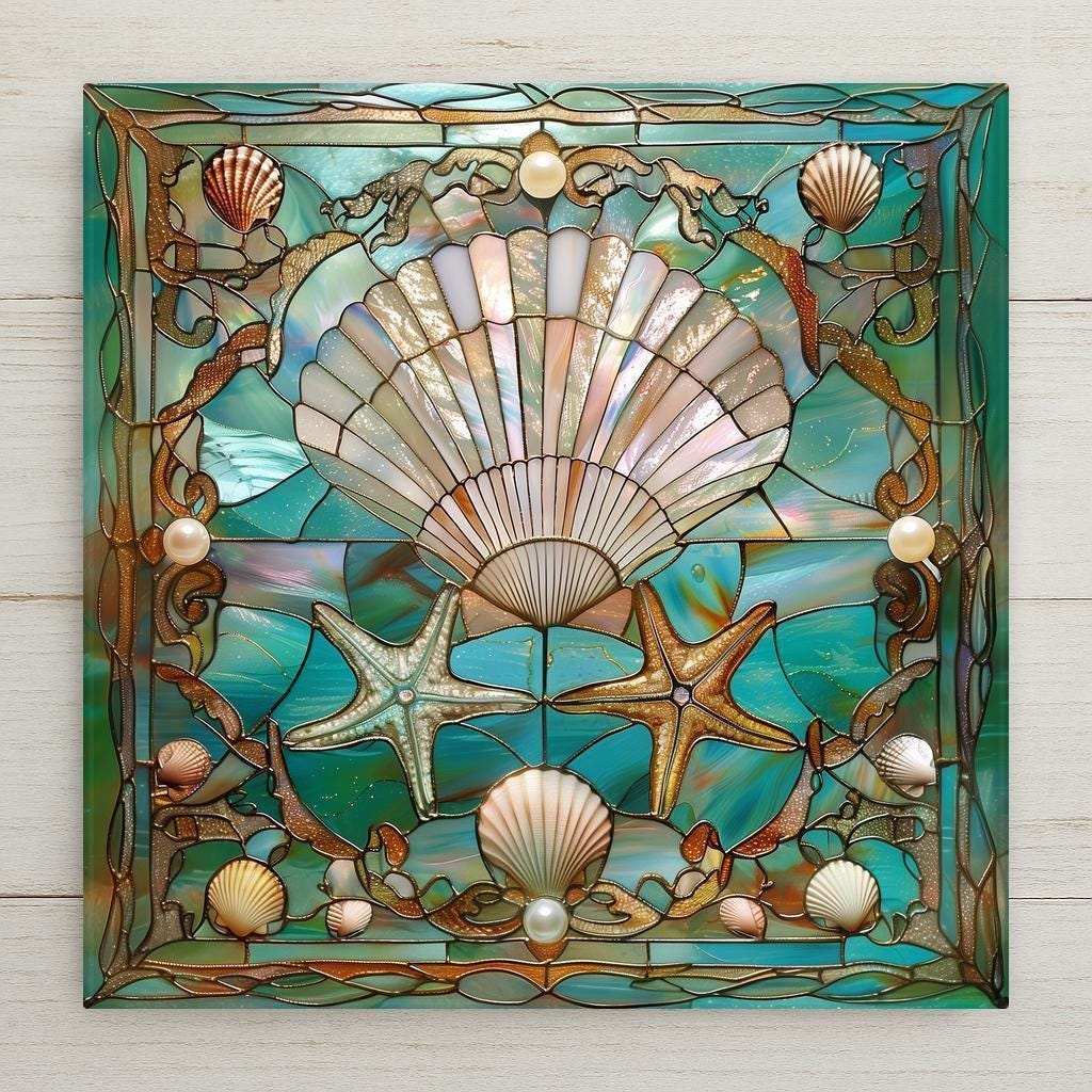 Seashell and Starfish Stained Glass Ceramic Tile with radiant jewel tones of aqua, turquoise, and pearl. Perfect for coastal wall art, beach cottages, and nautical décor. A beautiful ocean-inspired gift. Optional add-ons: tile wall hanger, easel tile stand, cork backing.
