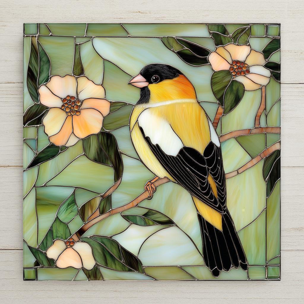 Goldfinch ceramic tile wall art in a stained glass style. Features a yellow bird home decor and flowers with nature-inspired tones—perfect for spring decor or gifts.
