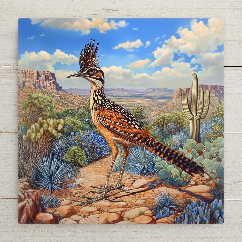 Bring the charm of Desert Southwest wall art into your home with this handmade ceramic tile featuring a captivating Roadrunner design. Perfect for bird lovers and admirers of Arizona and New Mexico art, this piece doubles as wall decor and a functional trivet or coaster. Add a touch of Mexican-inspired flair to your space and home decor with this unique and vibrant wall art!