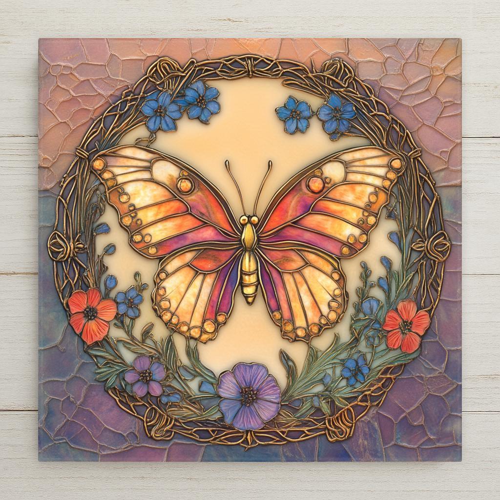 Butterfly tile wall art in stained glass style with warm orange wings and soft blue florals. A handmade home decor ceramic gift for spring, garden, or nature décor.