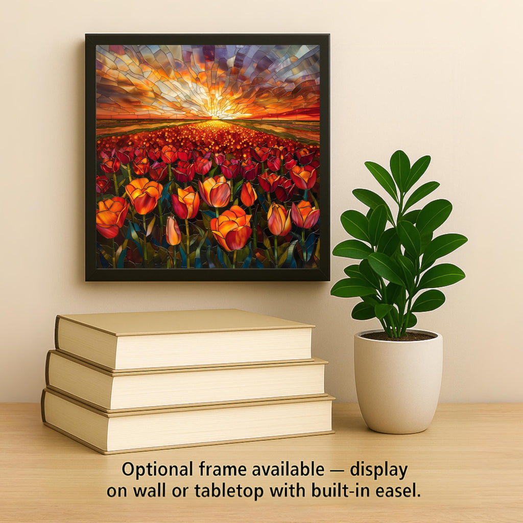 Tulip Field Sunset Wall Art Ceramic Tile Stained Glass Style Landscape Decor Red Orange Floral Home Gift Tile