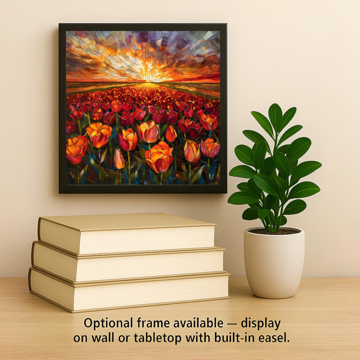 Tulip Field Sunset Wall Art Ceramic Tile Stained Glass Style Landscape Decor Red Orange Floral Home Gift Tile