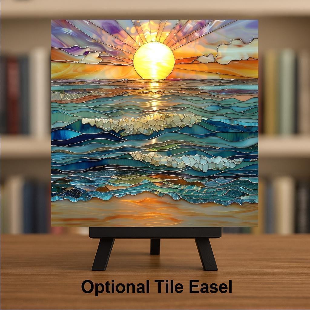 Ocean Sunset Ceramic Tile Wall Art – Stained Glass Style Coastal Seascape, Beach Wall Decor, Ocean Waves Home Decor Gift