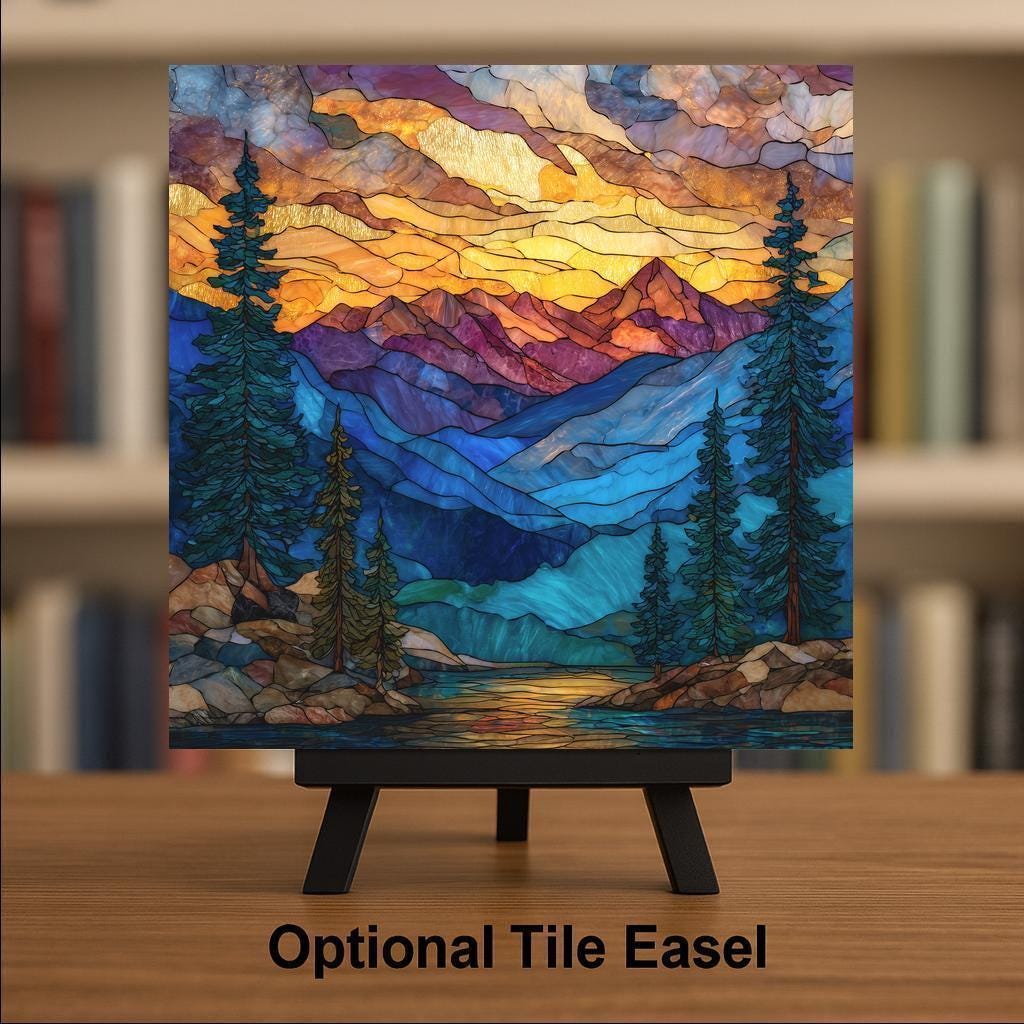Rocky Mountains Ceramic Tile Wall Art – Stained Glass Style Mountain Landscape, Alpine Forest Home Decor, Nature Inspired Art Tile