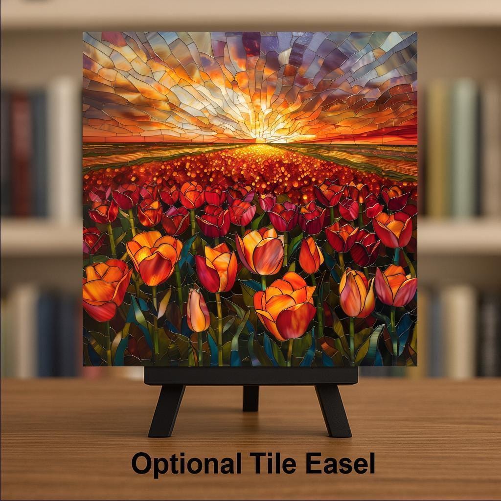 Tulip Field Sunset Wall Art Ceramic Tile Stained Glass Style Landscape Decor Red Orange Floral Home Gift Tile