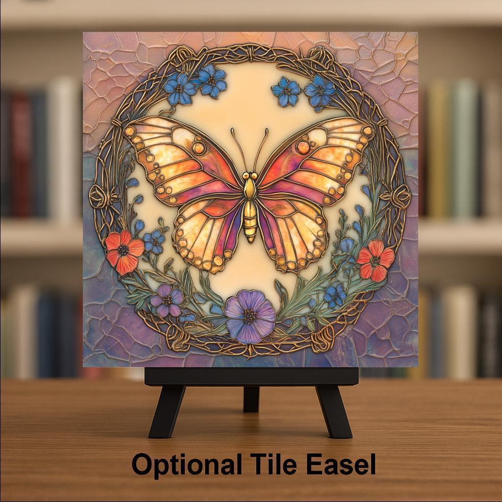 Art Nouveau Butterfly Ceramic Tile: Stained Glass Style Wall Art Floral Home Decor