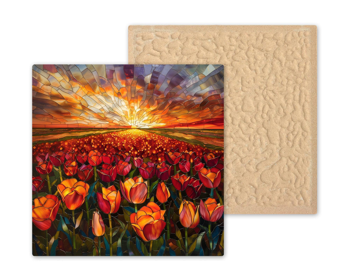 Tulip Field Sunset Wall Art Ceramic Tile Stained Glass Style Landscape Decor Red Orange Floral Home Gift Tile