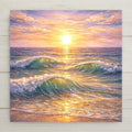 Ocean ceramic tile wall art featuring a stained glass-style sunset over rolling sea waves. Golden light reflects across the water with soft clouds and glowing highlights. Coastal beach decor printed on ceramic tile with fine detail. Designed for shelf or wall display with optional tile wall hanger, easel tile stand, cork backing, or premium frame.