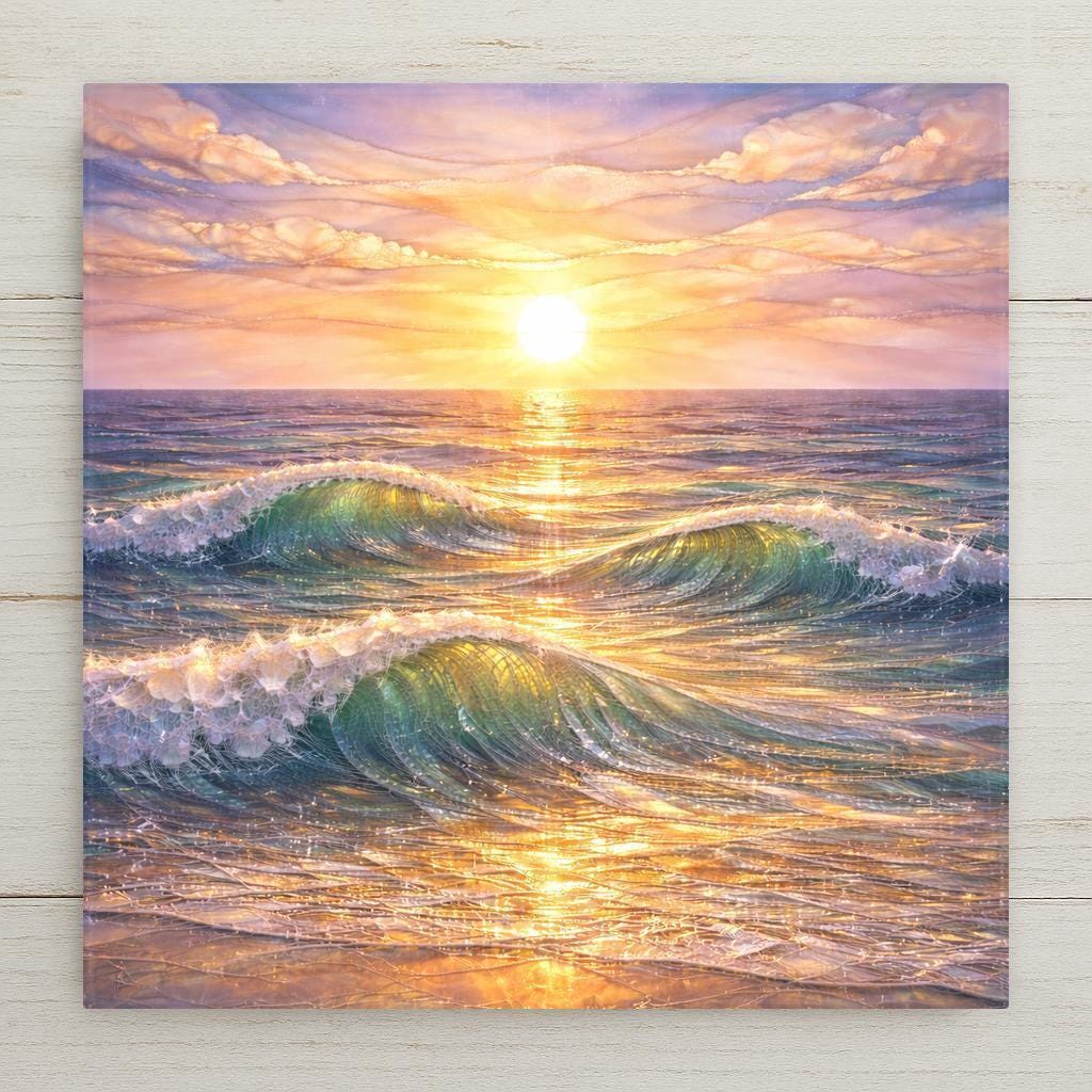 Ocean ceramic tile wall art featuring a stained glass-style sunset over rolling sea waves. Golden light reflects across the water with soft clouds and glowing highlights. Coastal beach decor printed on ceramic tile with fine detail. Designed for shelf or wall display with optional tile wall hanger, easel tile stand, cork backing, or premium frame.