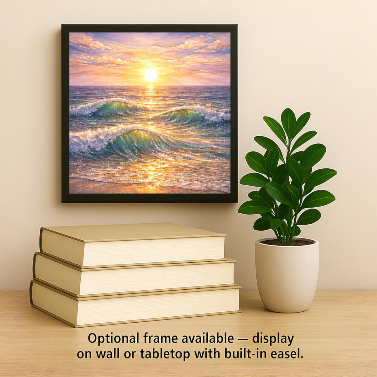 Ocean Sunset Ceramic Art Tile – Stained Glass Style Coastal Beach Wall Decor, Golden Hour Seascape Gift
