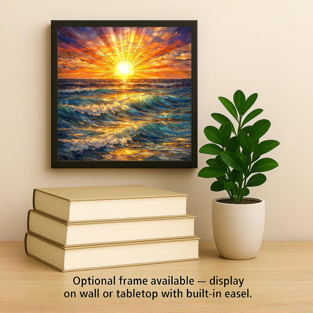Ocean Sunrise Ceramic Tile Wall Art – Stained Glass Style Sea Waves, Coastal Wall Decor, Beach Home Decor, Golden Sun Seascape Art