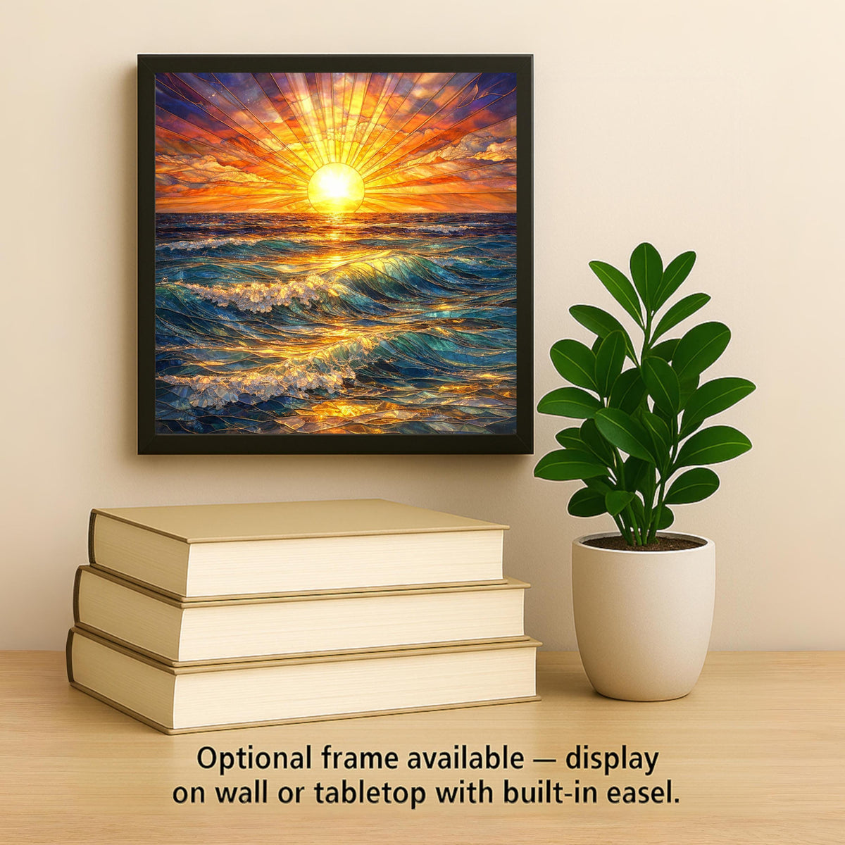 Ocean Sunrise Ceramic Tile Wall Art – Stained Glass Style Sea Waves, Coastal Wall Decor, Beach Home Decor, Golden Sun Seascape Art