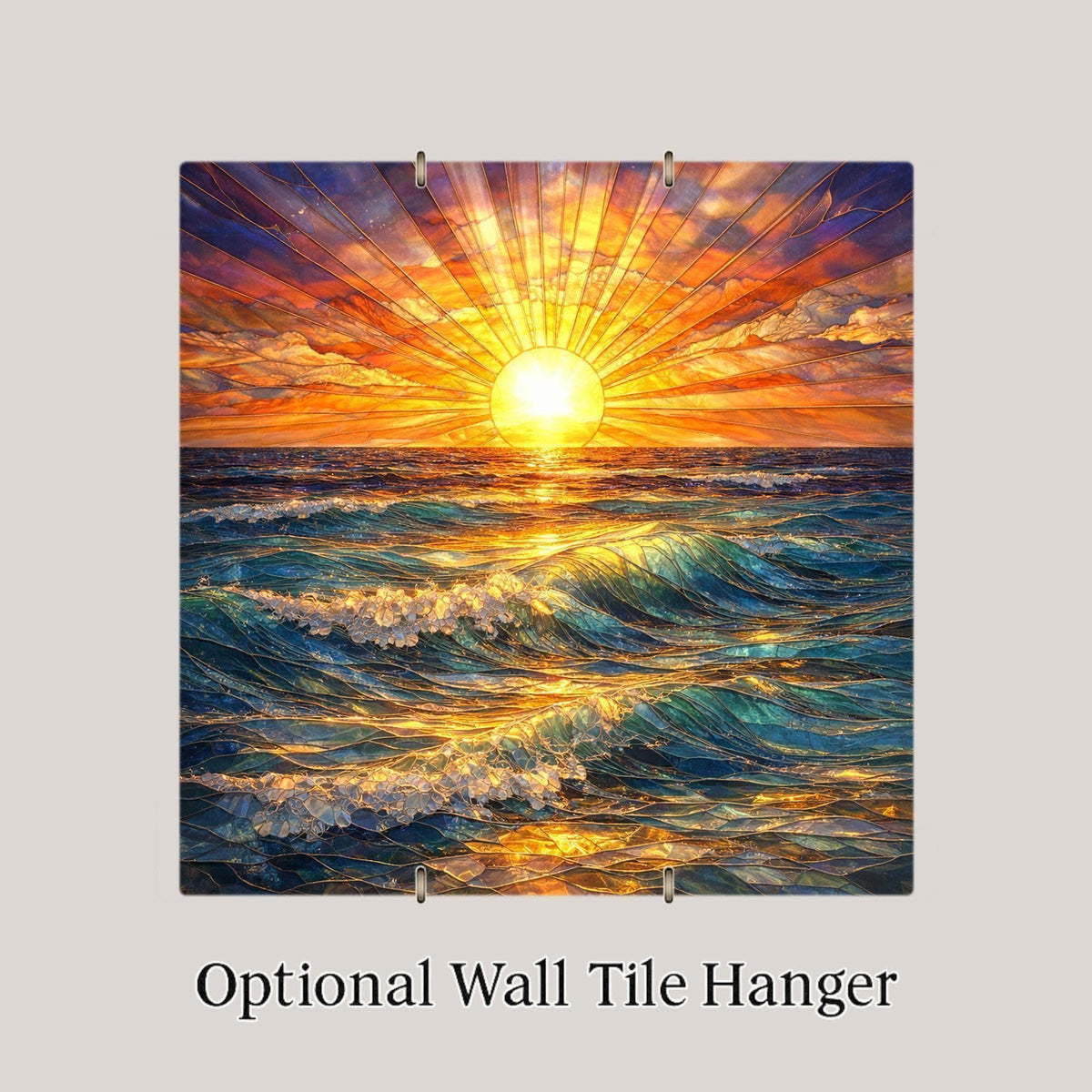 Ocean Sunrise Ceramic Tile Wall Art – Stained Glass Style Sea Waves, Coastal Wall Decor, Beach Home Decor, Golden Sun Seascape Art
