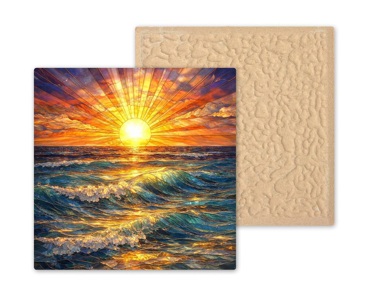 Ocean Sunrise Ceramic Tile Wall Art – Stained Glass Style Sea Waves, Coastal Wall Decor, Beach Home Decor, Golden Sun Seascape Art