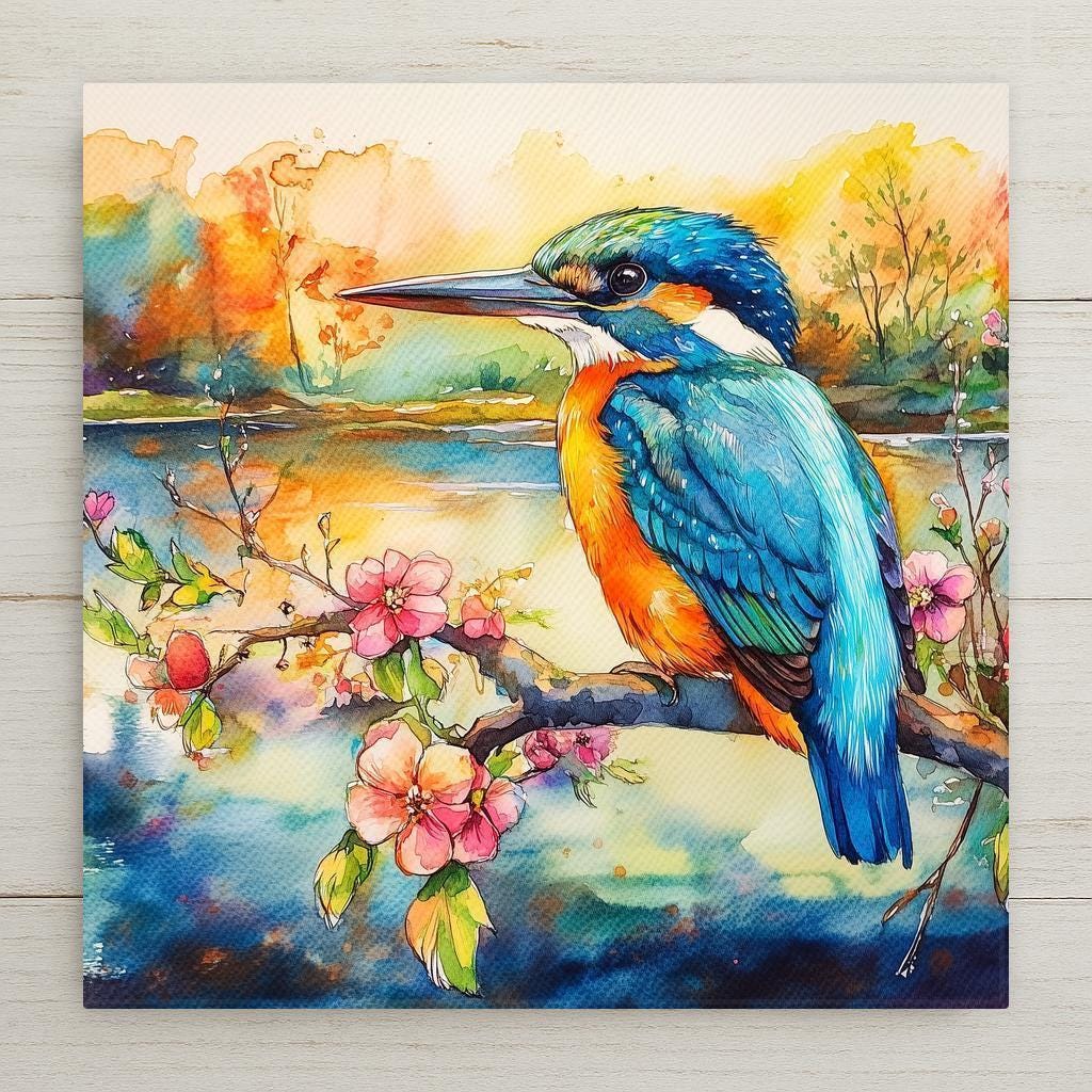 Celebrate spring with this vibrant Kingfisher ceramic tile art! Colorful bird wall art rests on a blossoming branch—perfect for nature and bird lovers.