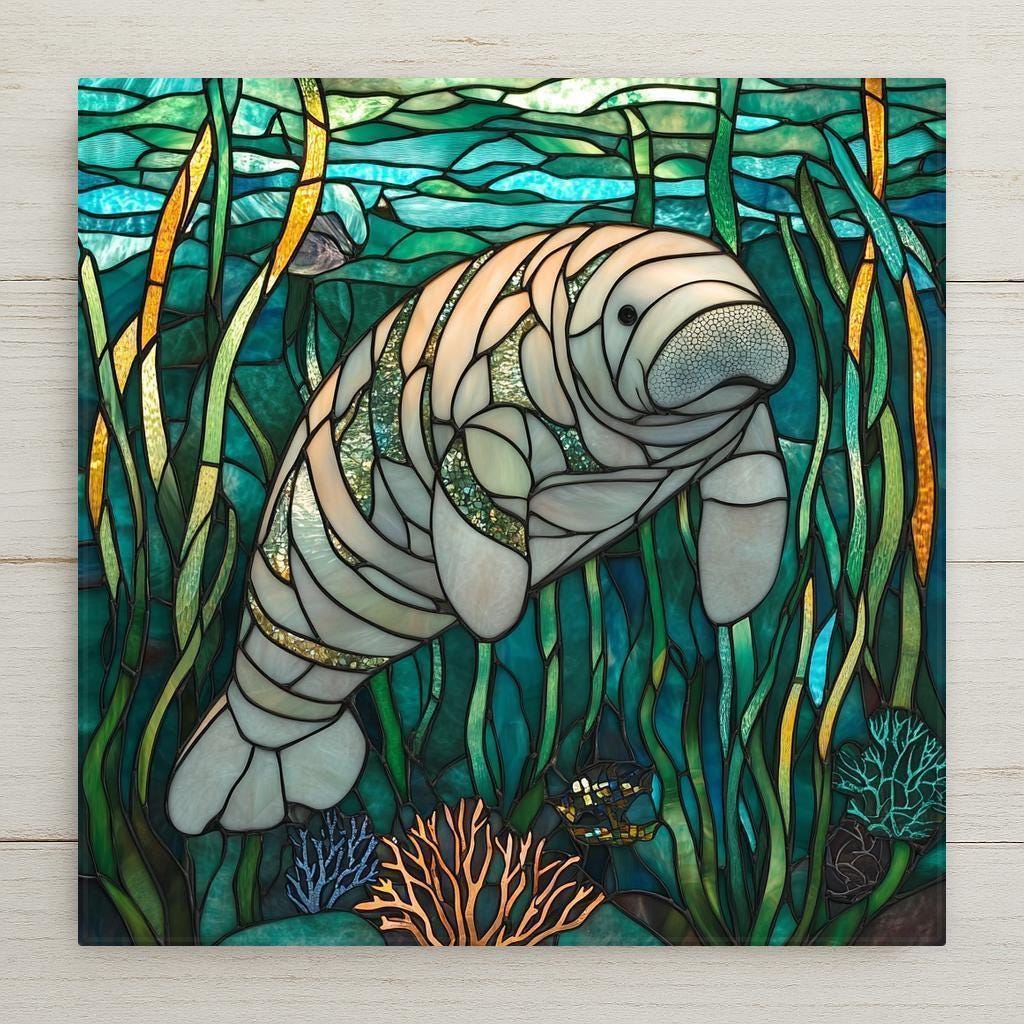 Peaceful manatee ceramic tile with stained glass styling. Ocean decor and Florida wildlife gift for sea life lovers and coastal homes.