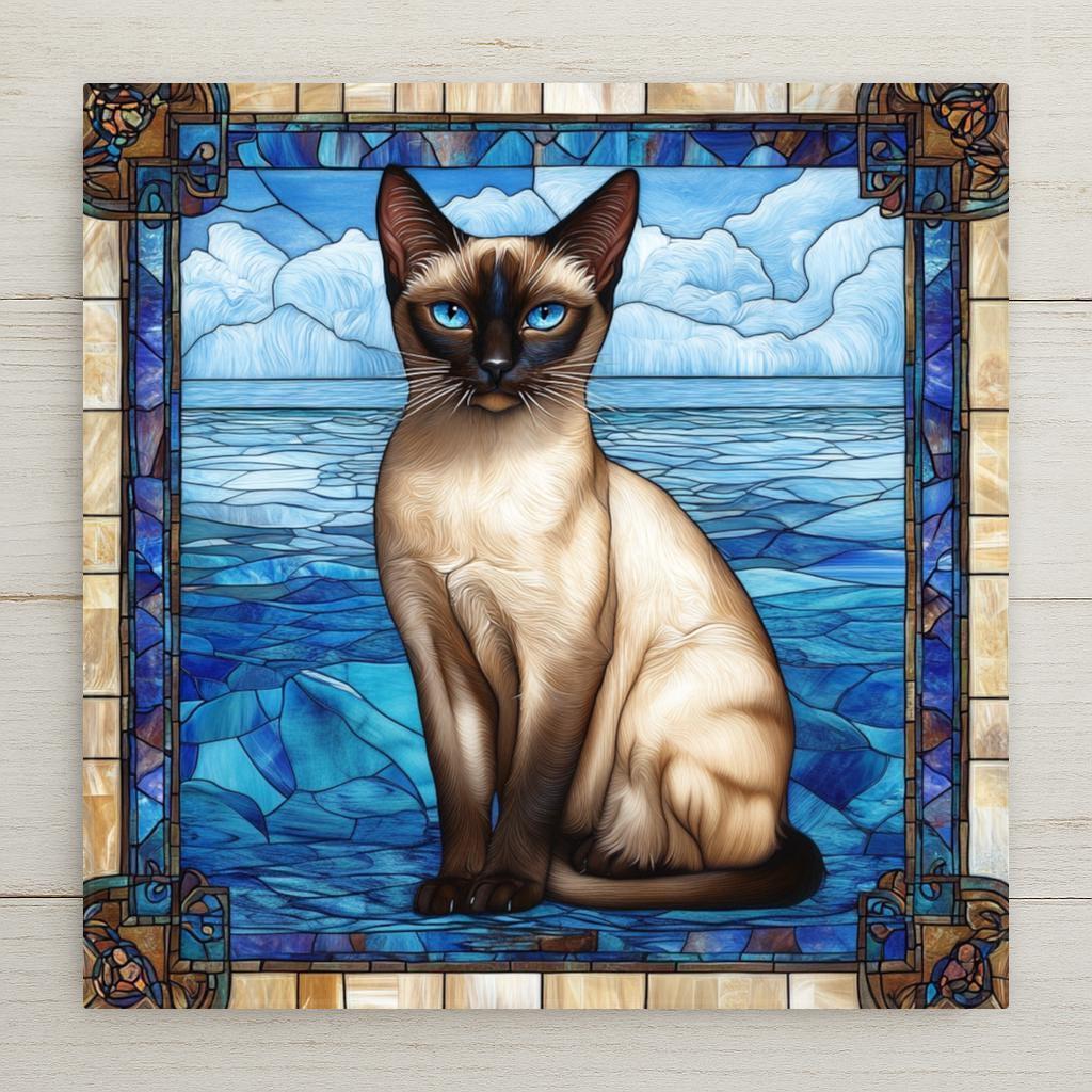 Perfect for cat lovers and art aficionados alike, this ceramic tile features a regal Siamese cat framed in luminous stained glass-style blues. The intricate border and detailed fur shading offer a gallery-quality feel, ideal for elevating your kitchen home decor, hallway, or gallery wall. A stylish home decor accent, trivet, or holiday gift, this piece combines charm and versatility in one memorable item—perfect for birthdays, housewarmings, or just because.