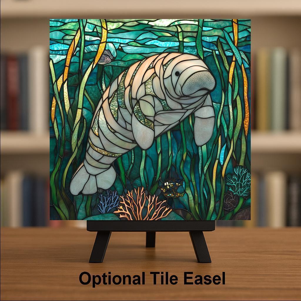 Manatee Wall Art Ceramic Tile Stained Glass Style Coastal Gift Marine Art Manatee Lover Ocean Nature Wildlife
