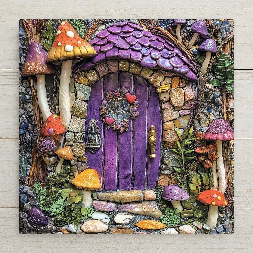 Add fantasy to your space with this mosaic fairy house ceramic tile. Features a red door cottage and vibrant garden details. Ideal for fairycore wall art, nursery decor, or as a unique handmade gift. Pairs beautifully with an optional tile easel or can be displayed on a shelf or backsplash. A whimsical accent for any enchanted home.