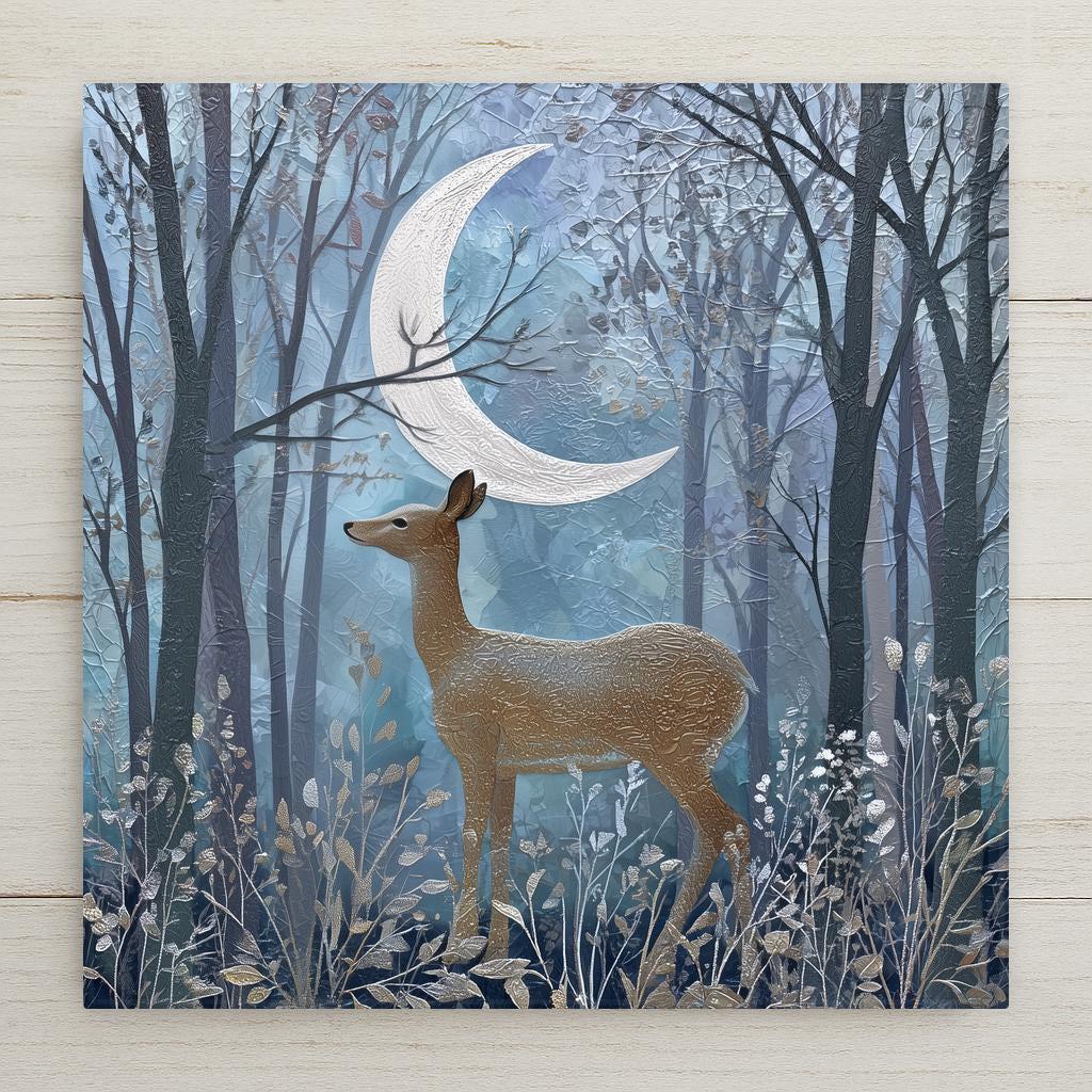 Ceramic tile art featuring a deer under a silver moon in a blue forest. Permanent print on ceramic. Optional hanger, cork backing, or tile stand.