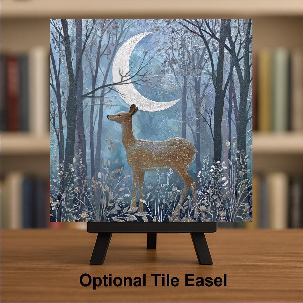 Moonlit Deer Wall Art Ceramic Tile Woodland Gift Blue Silver Decor Nature Art Deer Lover Home Gift Tile