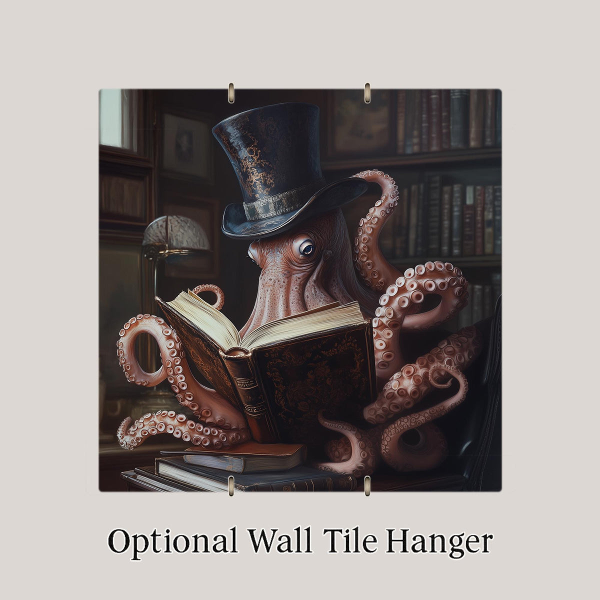 Steampunk Octopus Wall Art Ceramic Tile Dark Academia Decor Victorian Top Hat Octopus Tile Library Book Reading Art