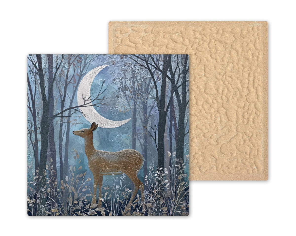 Moonlit Deer Wall Art Ceramic Tile Woodland Gift Blue Silver Decor Nature Art Deer Lover Home Gift Tile