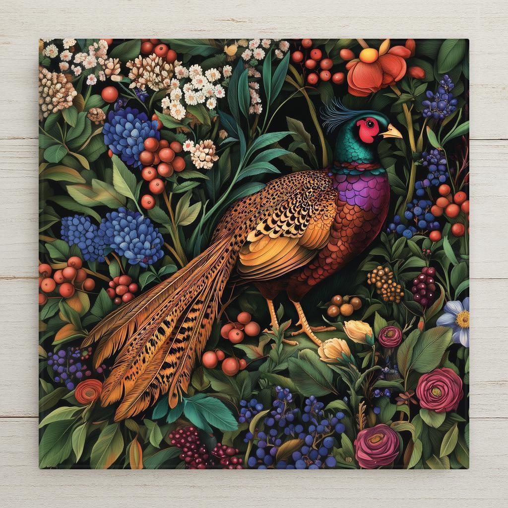 Ceramic art tile of a colorful ring-necked pheasant surrounded by berries, hydrangeas, and roses in a dense decorative botanical pattern — a William Morris style maximalist bird and botanical wall decor.