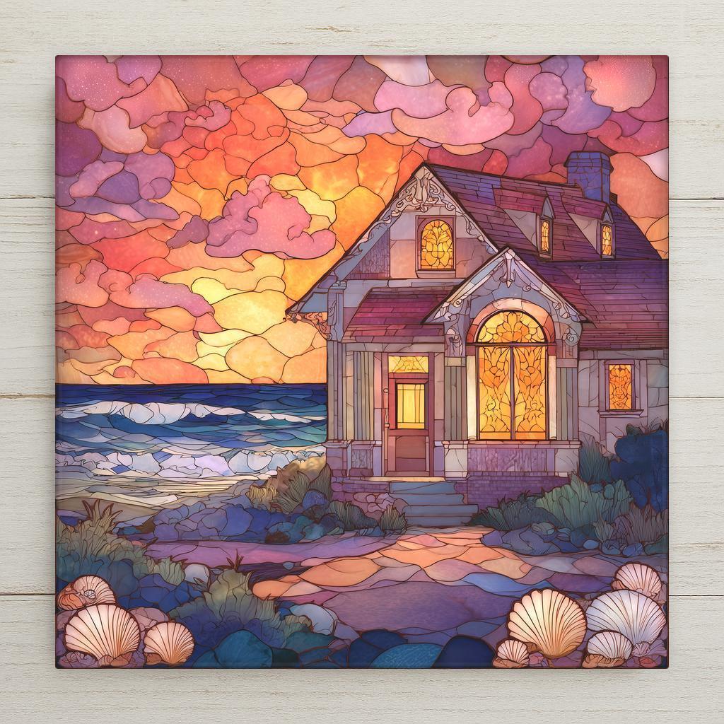 Stained glass style coastal cottage ceramic tile at golden hour with warm amber light glowing in cottage windows against a deep cobalt and teal twilight sky, a garden path and coastal flowers leading to the door, a romantic seaside evening and vacation home gift.