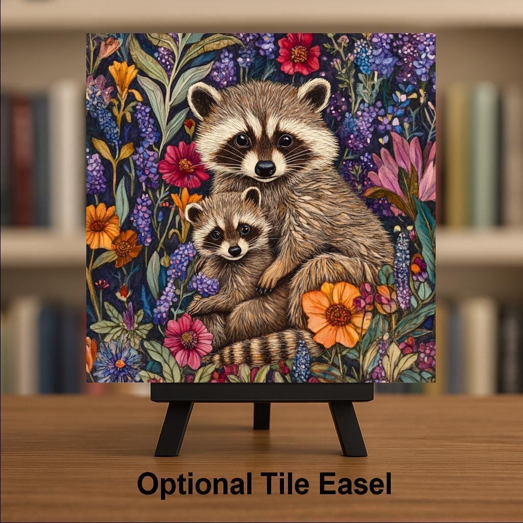 Raccoon Stained Glass Style Ceramic Art Tile: Cabin Wall Decor Nature Lover Gift Woodland Home Decor Wall Art
