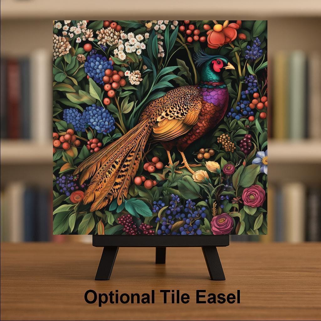 Pheasant William Morris Style Ceramic Art Tile – Botanical Bird Tapestry Wall Decor, Maximalist Country Lodge Accent