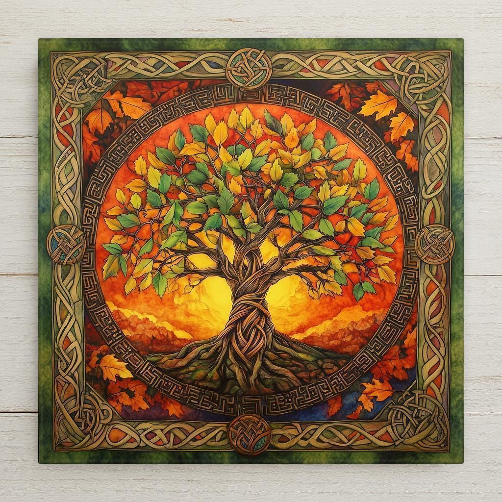 This Celtic Tree of Life ceramic tile glows with autumn fire and Irish symbolism. Encircled in knotwork and vibrant with burning bush colors, it’s perfect for spiritual spaces, Wiccan altars, or as a nature-inspired gift. A stunning blend of myth, meaning, and design.