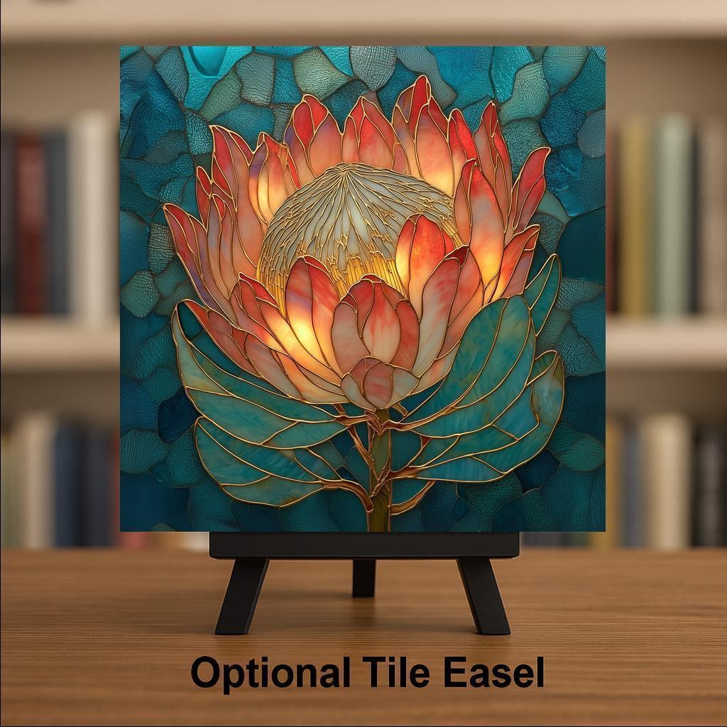 Protea Flower Coastal Wall Art Ceramic Tile – Stained Glass Style Botanical Home Decor Protea Bloom Wall Decor Floral Nature Art Tile Decor
