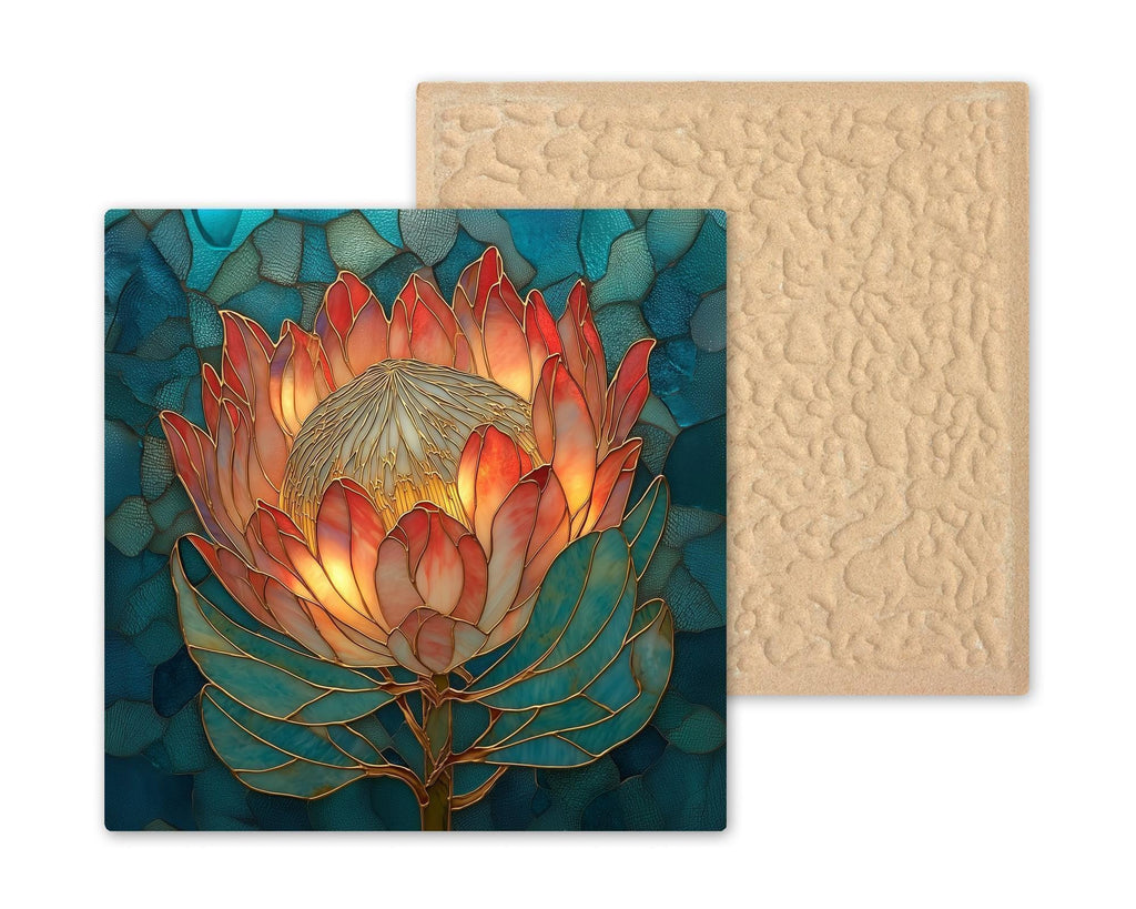 Protea Flower Coastal Wall Art Ceramic Tile – Stained Glass Style Botanical Home Decor Protea Bloom Wall Decor Floral Nature Art Tile Decor