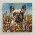 Whimsical French Bulldog ceramic tile art with wildflowers in bold impasto style. Handmade pet lover wall decor full of color and charm.