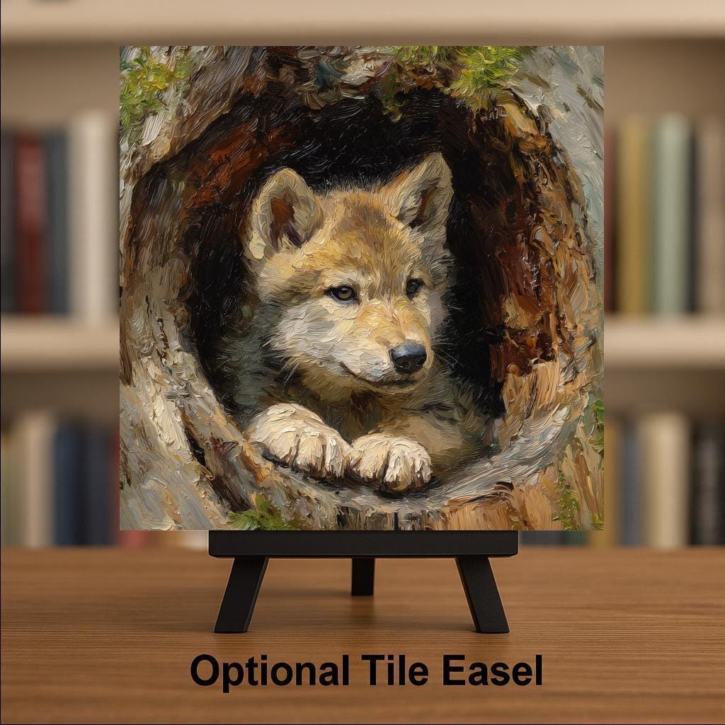 Wolf Pup Ceramic Art Tile – Woodland Nursery Wall Decor, Rustic Forest Nature Lover Gift