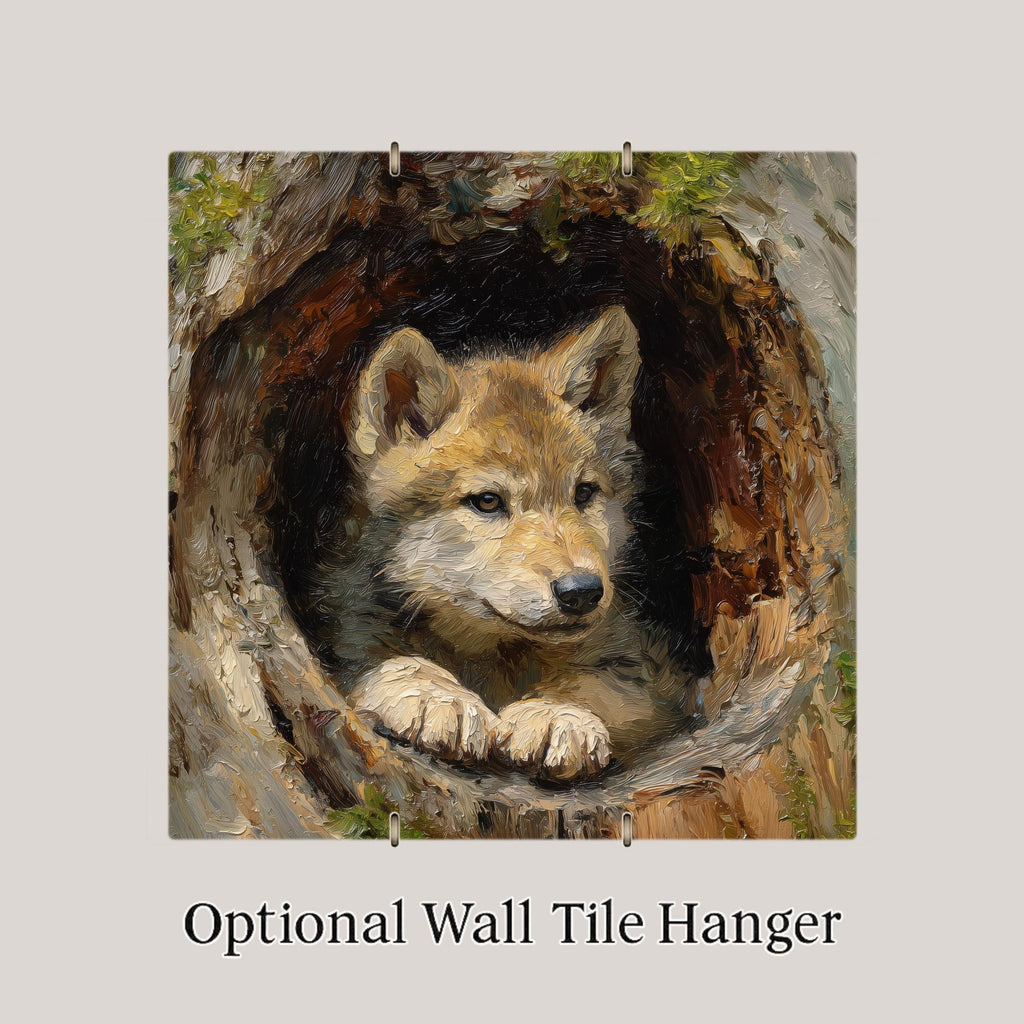 Wolf Pup Ceramic Art Tile – Woodland Nursery Wall Decor, Rustic Forest Nature Lover Gift