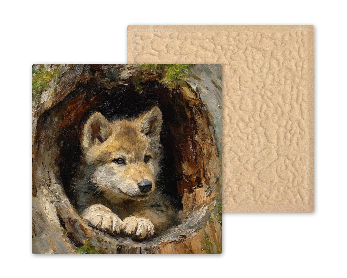 Wolf Pup Ceramic Art Tile – Woodland Nursery Wall Decor, Rustic Forest Nature Lover Gift