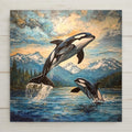 Dive into coastal tranquility with this Audubon-inspired killer whale and calf ceramic tile. Featuring rich sunset hues and a stained-glass design, the artwork beautifully captures the serene bond between mother and baby in the open ocean. Perfect as functional art, this tile serves as a stunning wall hanging, kitchen trivet, or decorative coaster.