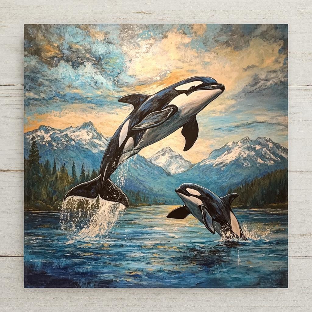 Dive into coastal tranquility with this Audubon-inspired killer whale and calf ceramic tile. Featuring rich sunset hues and a stained-glass design, the artwork beautifully captures the serene bond between mother and baby in the open ocean. Perfect as functional art, this tile serves as a stunning wall hanging, kitchen trivet, or decorative coaster.
