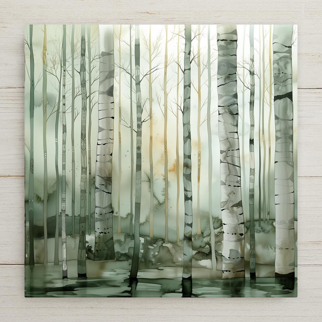Minimalist misty birch forest ceramic tile featuring slender white birch trees fading into soft morning fog. Neutral sage green and ivory tones create calming Scandinavian woodland wall decor.