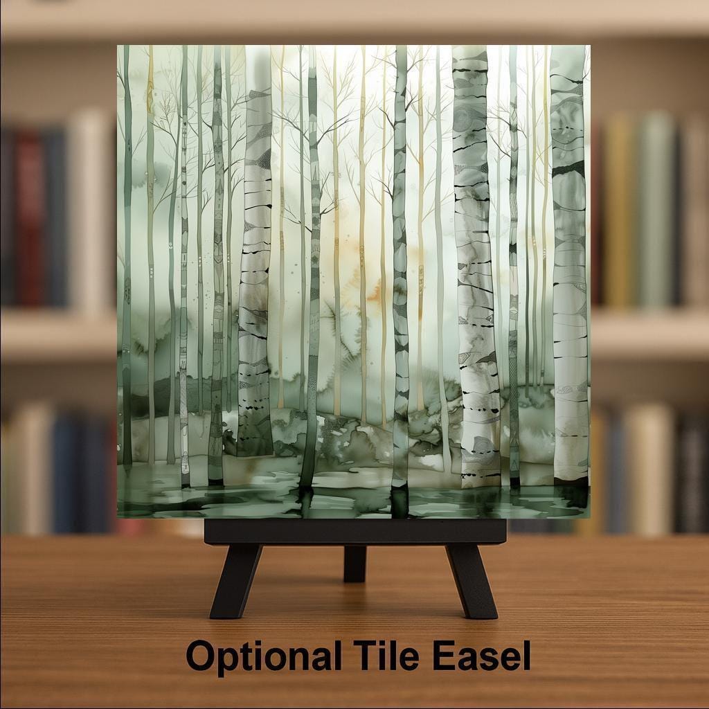 Birch Forest Ceramic Art Tile – Misty Scandinavian Woodland Wall Decor, Neutral Nature Lover Gift