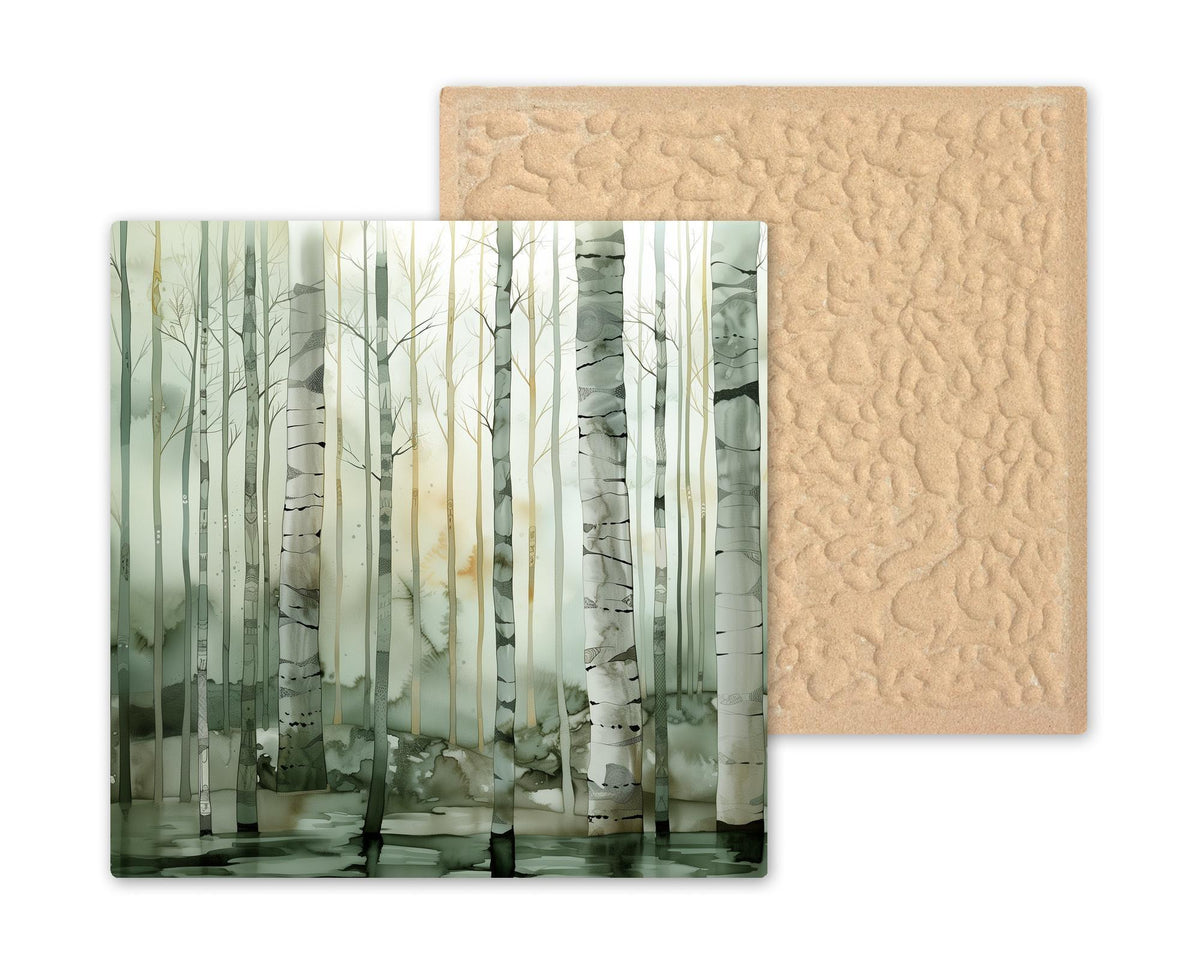Birch Forest Ceramic Art Tile – Misty Scandinavian Woodland Wall Decor, Neutral Nature Lover Gift