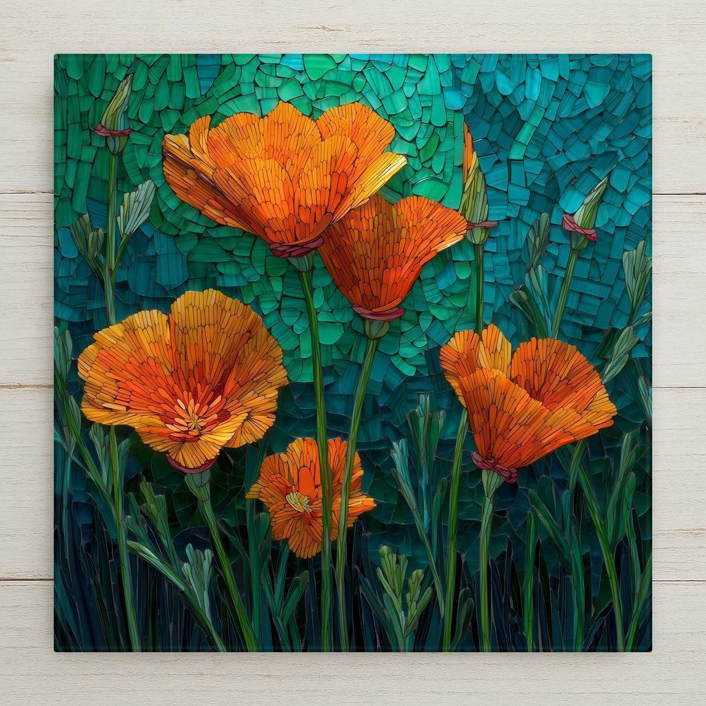 Add vibrant beauty to your home with this California Poppy Ceramic Tile Art. Featuring glowing orange blooms in a stained glass style, it’s ideal for floral or nature-inspired décor. Optional premium frame, wall hanger, or cork backing available.