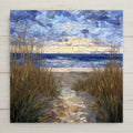 Cape Cod beach path ceramic tile wall art featuring a stained glass–style ocean scene with dune grass, sandy trail, and soft coastal sky. This is a permanent print on ceramic, not real stained glass or mosaic. Ideal beach decor and home decor for coastal spaces. Optional tile wall hanger, easel tile stand, cork backing, and premium frame available.
