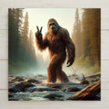 Photorealistic ceramic art tile of a Bigfoot standing in a forest river throwing a peace sign, with evergreen trees behind — a funny Sasquatch and Pacific Northwest cabin wall decor.