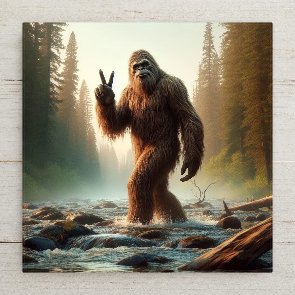 Photorealistic ceramic art tile of a Bigfoot standing in a forest river throwing a peace sign, with evergreen trees behind — a funny Sasquatch and Pacific Northwest cabin wall decor.