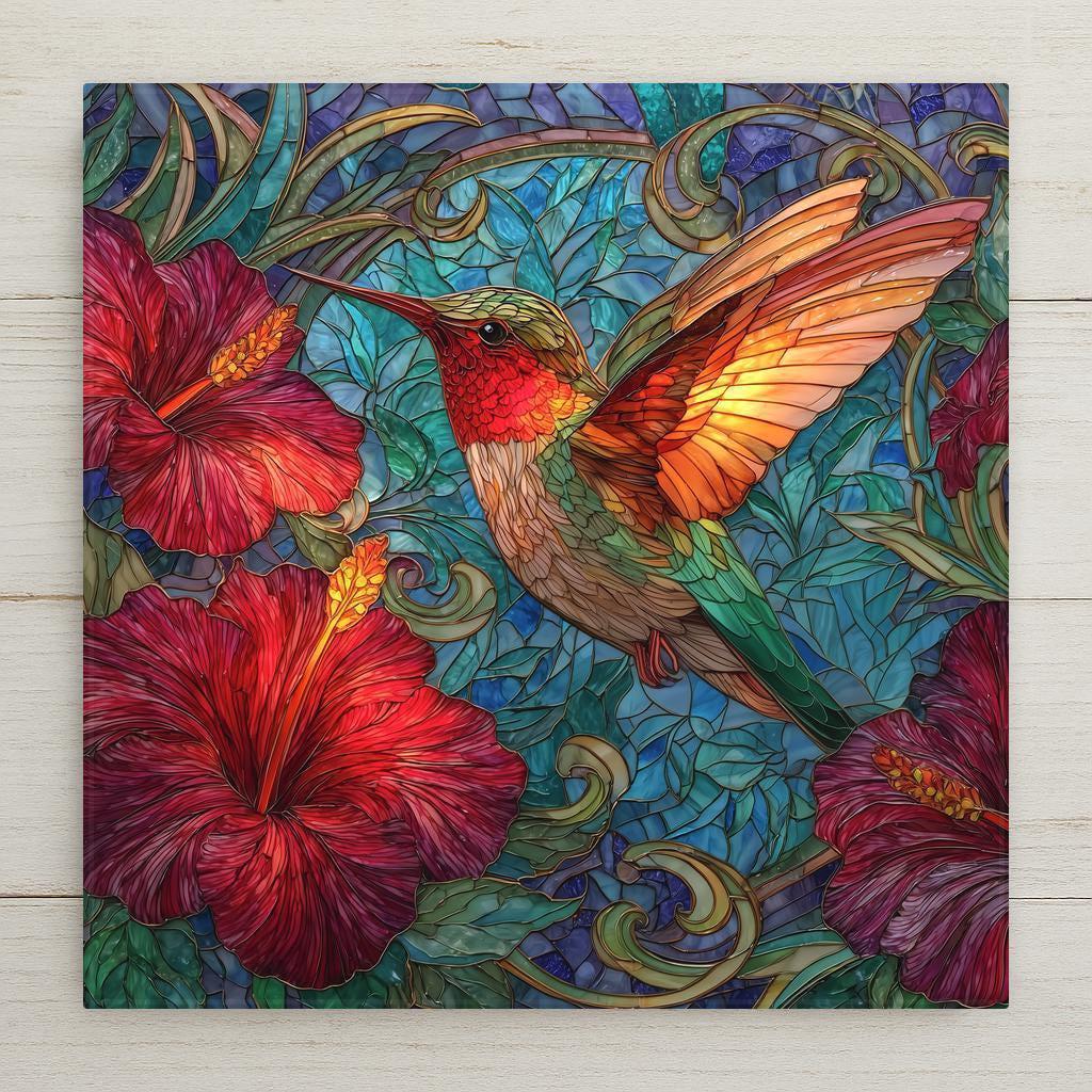 A vibrant hummingbird ceramic tile featuring glowing wings and vivid hibiscus blooms. Printed artwork that looks like stained glass but is a permanent design on ceramic. Perfect as wall decor or home decor and great as a nature-themed gift. Optional tile wall hanger, easel stand, cork backing, and premium frame available.